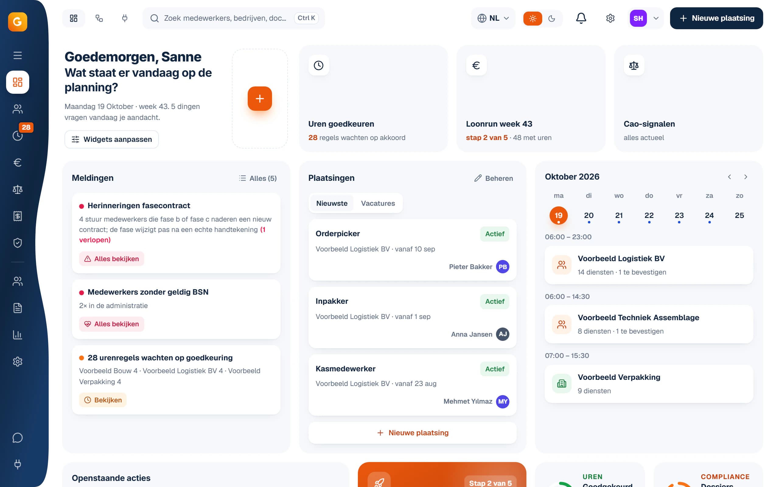 Dashboard van GNR Workforce OS met voorbeeldgegevens: wat vandaag aandacht vraagt, plaatsingen, uren en de loonrun van deze week